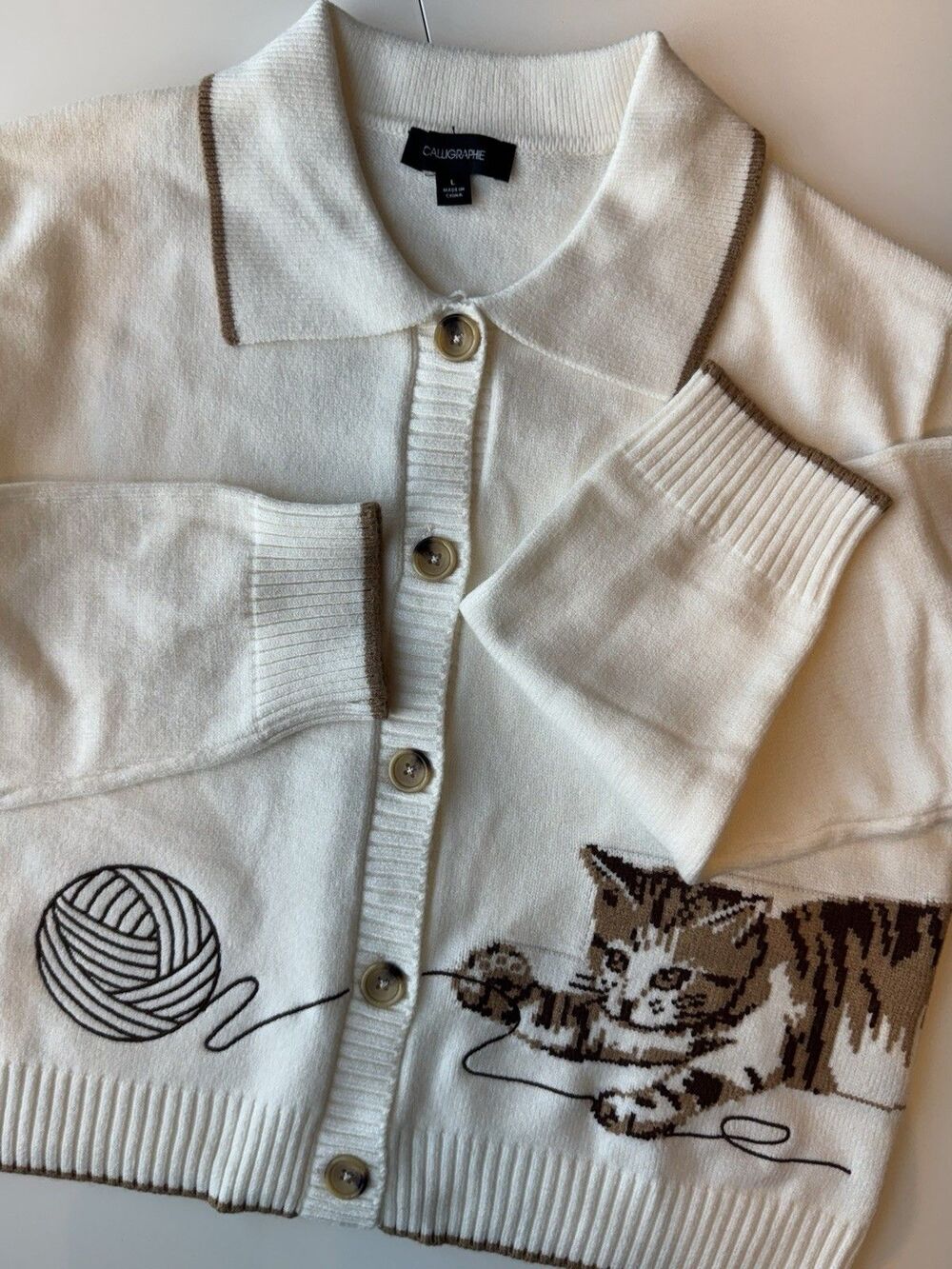 Anthropologie Calligraphie Women's Cream Collared Button Knit Cat Cardigan L